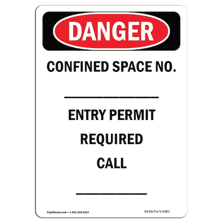 OSHA Danger, Portrait Confined Space No. Entry Permit Required, 24in X 18in Decal